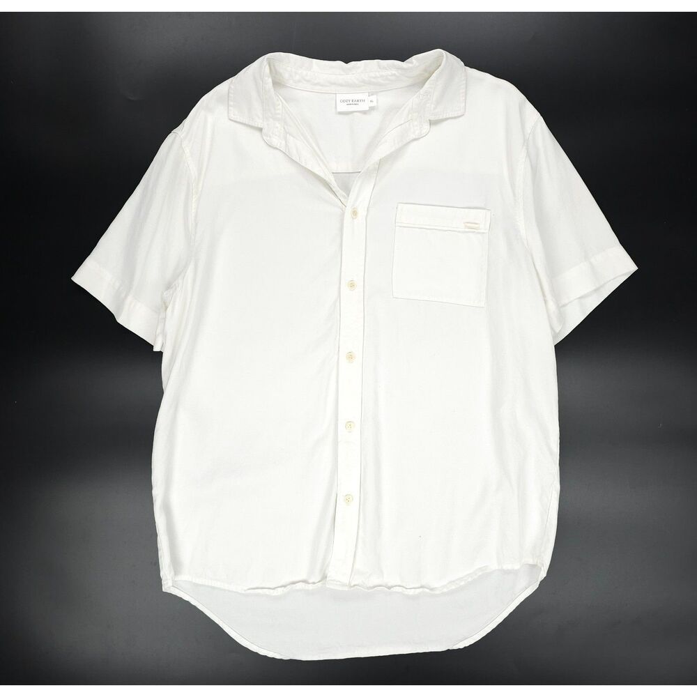 COZY EARTH Linen Short Sleeve Button Down Top White Resort Beachy Boho Lounge